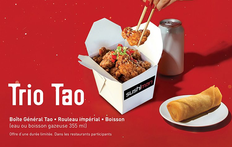 Promotion à durée limitée LeSushiman Trio Tao - Comprend une boîte General Tao, un rouleau Imperial et une bouteille d'eau ou une boisson gazeuse.